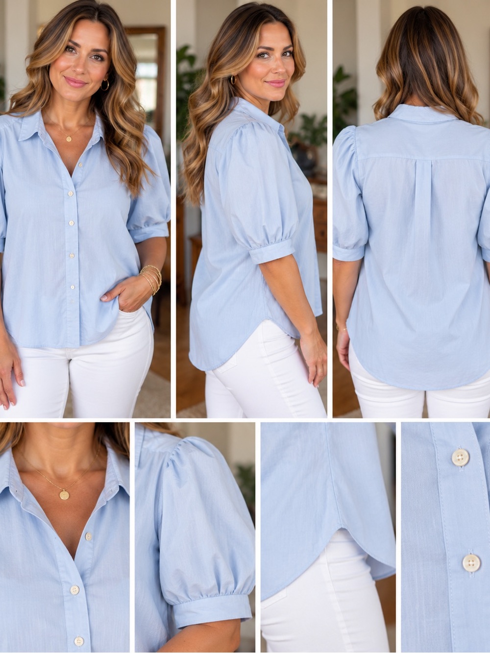 Pinch Light Blue Puff-Sleeve Button Down Shirt